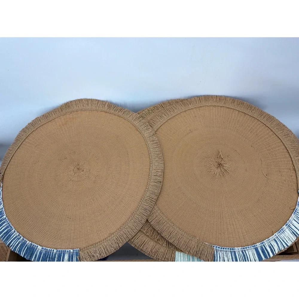 Set of 8 Round Woven Raffia Placemats Boho Fringed Edge Colorful Accents Tan